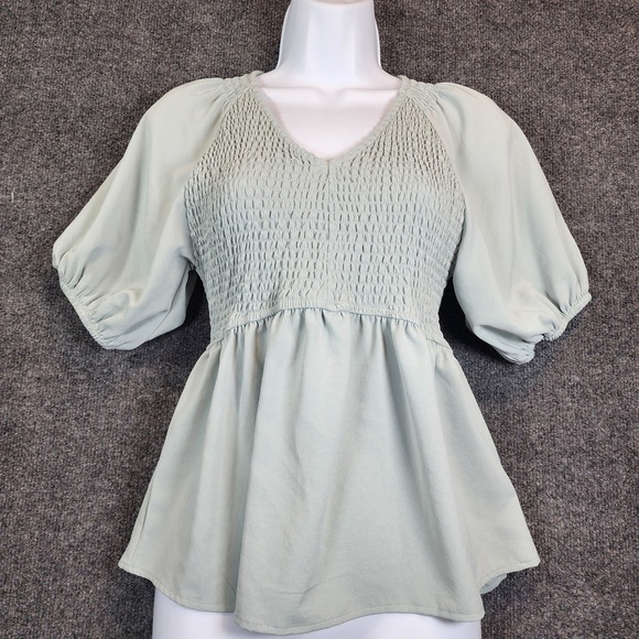 HALARA Tops - Halara Womens Sage Green Smocked‎ Puff Sleeve Cottagecore Fairy Peplum Blouse S
